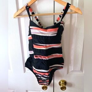 NWOT! ROSA CHA Black Striped Ruched Convertible Back One‎ Piece Swimsuit SZ L